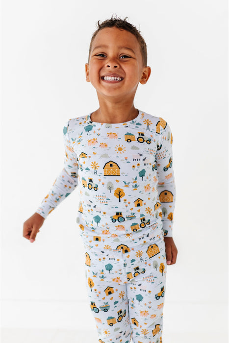 Sawyer Farm Animals Print -PJ Set Top and Bottom -Bamboo Fabric on Child - Bird and Bean