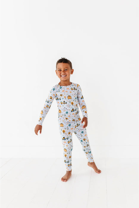 Bird and Bean Bamboo Pajamas on Boy Model, Farmyard scene print