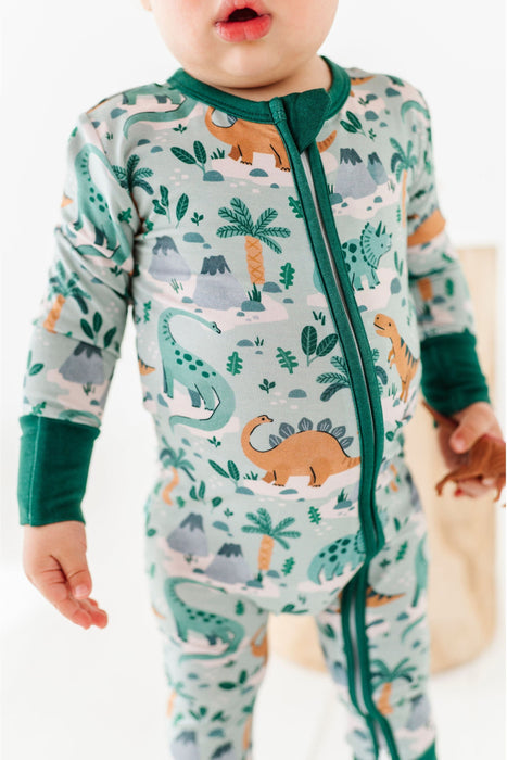 Bamboo One Piece Zip Pajama Close-up - Rex Dinosaur Print by Bird and Bean