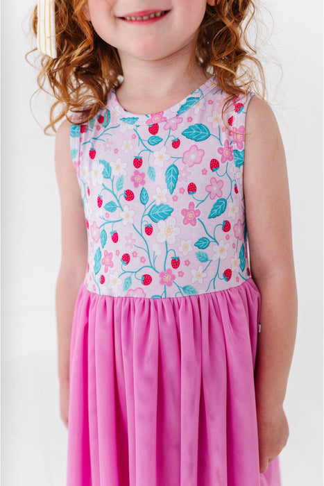 Bird and Bean summer strawberry print sleeveless girls pink tulle dress