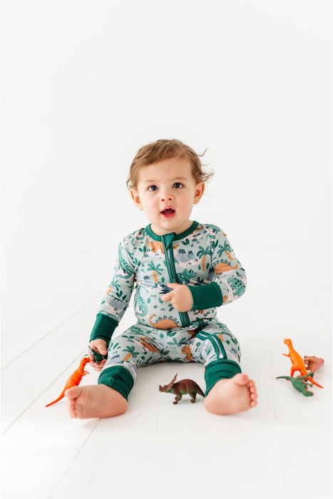 Bamboo One Piece Zip Pajama Dino Print  on Baby Model - Bird and Bean