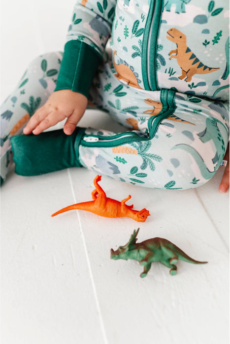Bamboo One Piece Zip Pajama Close-up Fabric Green Accent Dino Print  - Bird and Bean
