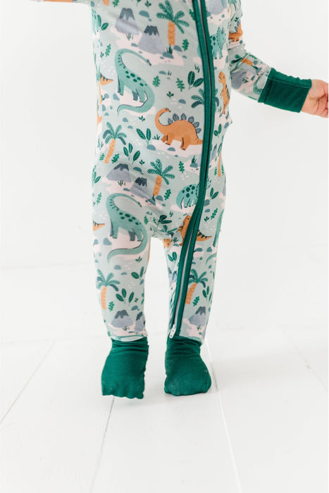 Bamboo Fabric Baby ZIp Romper with feet cover - Rex Dinosaur Print - Bird and Bean