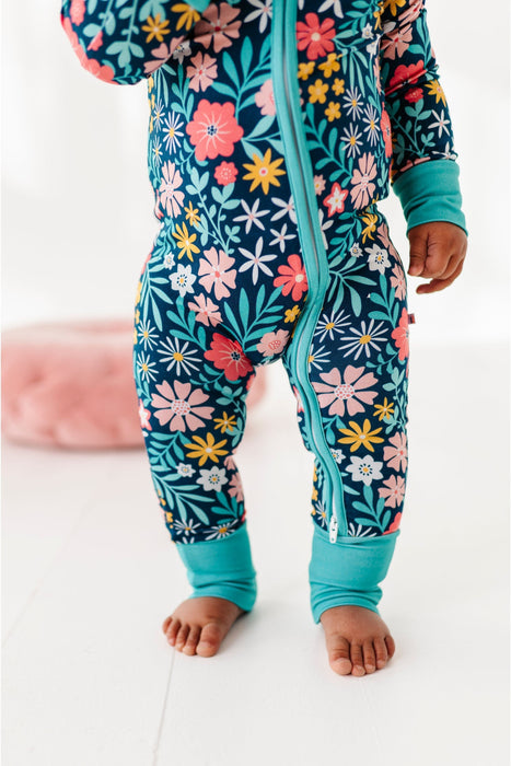 Bamboo One Piece Zip Pajama - Maren -  Floral close-up zipper front