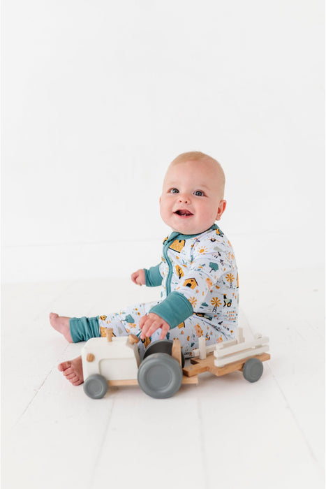 Sawyer Bamboo Fabric Baby Zip Romper Farm Animals Print by Bird and Bean