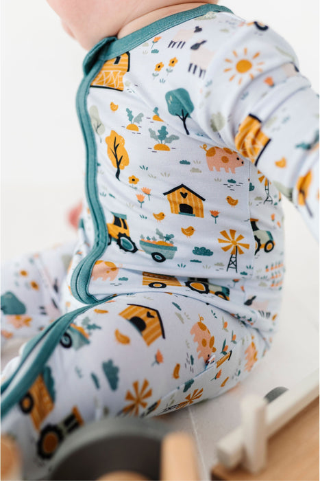 Sawyer Bamboo Fabric Baby Zip Romper  Long Sleeve Zip Close-up Farm Animals Print by Bird and Bean