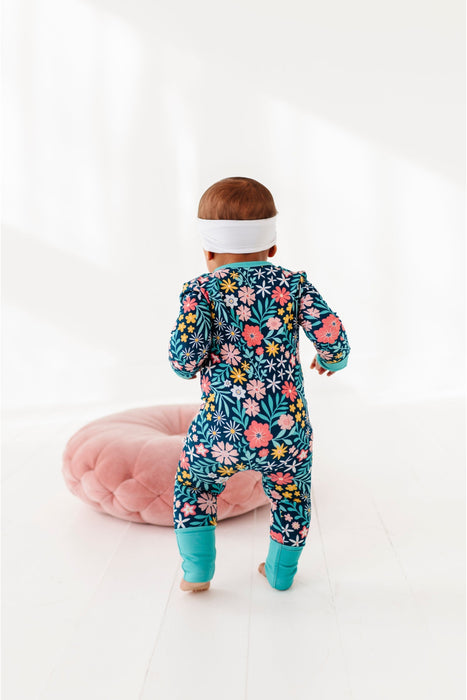 Bamboo One Piece Zip Pajama - Maren -  Floral back view on baby  - Bird and Bean