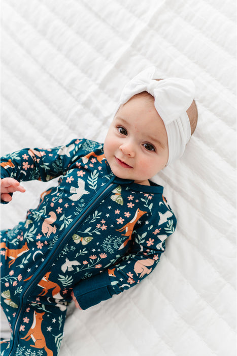 Alice Woodland Baby Bamboo Zip Romper on Baby with headband| Bird & Bean