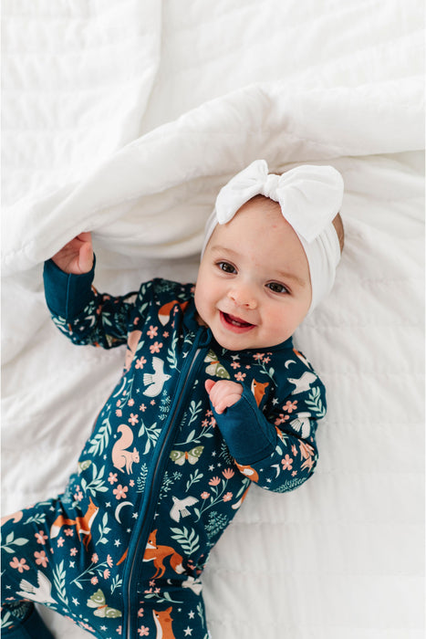 Alice Woodland Baby Bamboo Zip Romper - Convertible hand covers | Bird & Bean