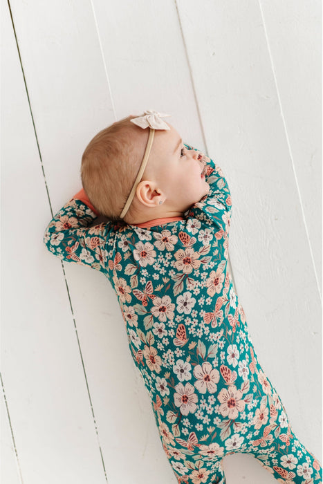 Bamboo One Piece Zip Pink and Floral Blue Pajama - Juniper Print - Bird and Bean