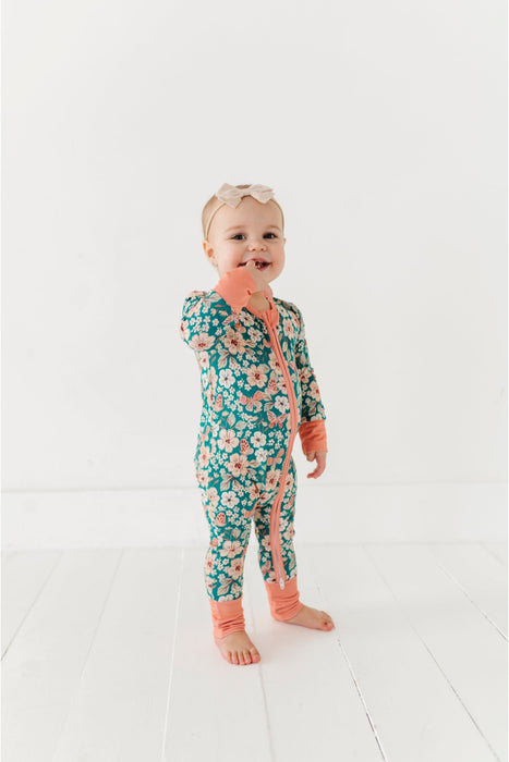 Bamboo One Piece Zip Pink Pajama - Juniper Print  on Baby Girl  - Bird and Bean Brand Official