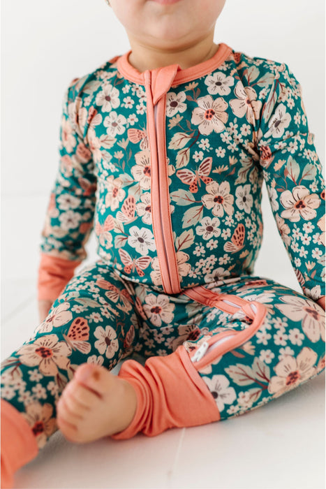 Bamboo One Piece Zip Pajama  Pink Zipper front - Juniper Floral Print _ Bird and Bean