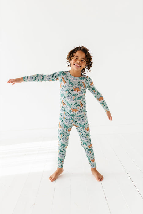 Bamboo Pajama Set  Long Sleeve Top, Long Pants Bottom on Child Model - Rex Dinosaur print - Bird and Bean