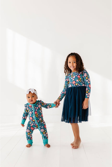 Bamboo One Piece Zip Pajama and matching tullle dress - Maren  Floral Design print - Bird and Bean