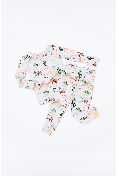 Billy Western Print Kids Pajama Set on White Background