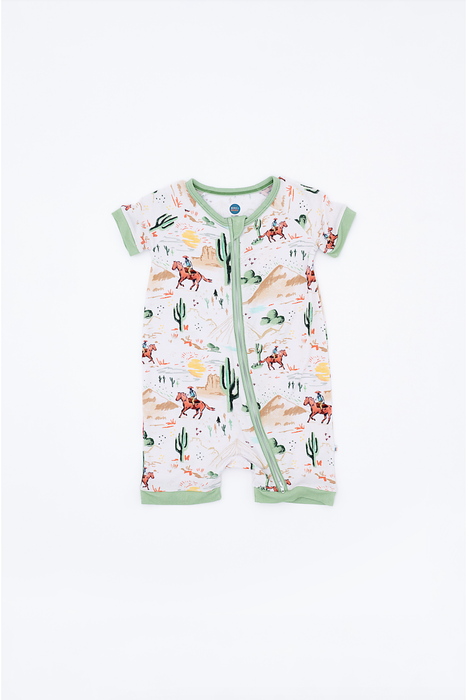 Bird & Bean Bamboo Shortie Romper Onesie with Billy Cowboy Western Print on White background