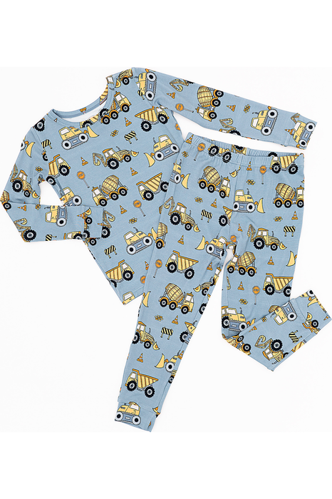 Boys two piece construction site pjs flatlay