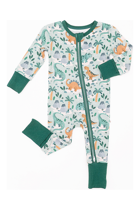 Bamboo One Piece Zip Pajama - Rex Dinosaur Green Accent Design- Bird and Bean