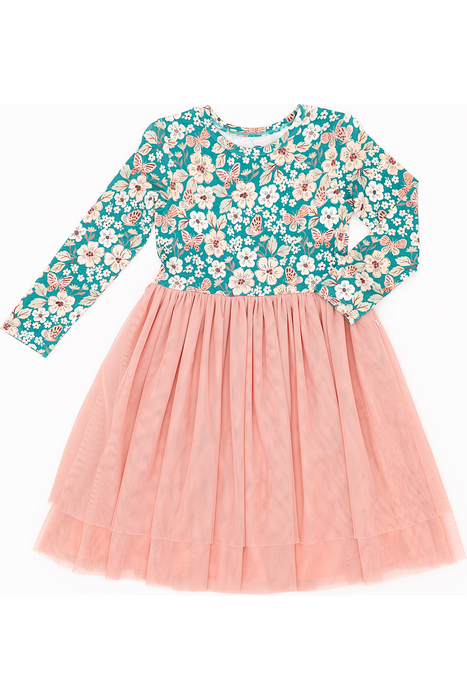 Bamboo Pink Skirt Tulle Dress - Juniper Floral Dress on white background - Bird and Bean