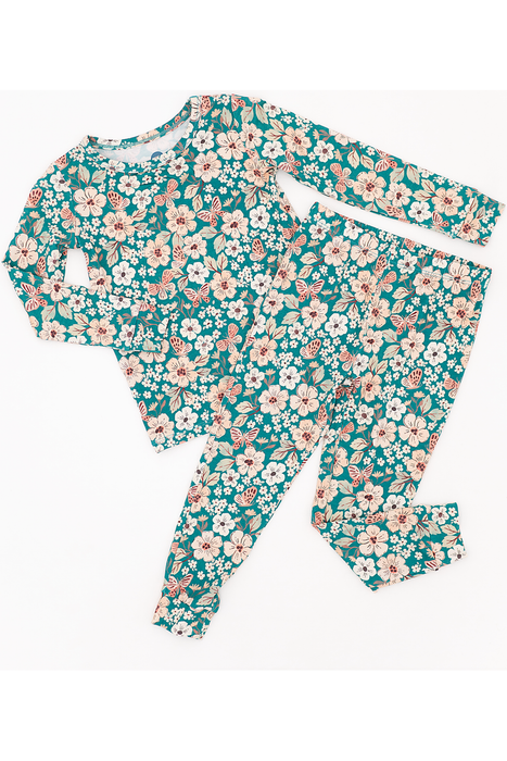 Juniper Floral pajama set on a white background by Bird and Bean