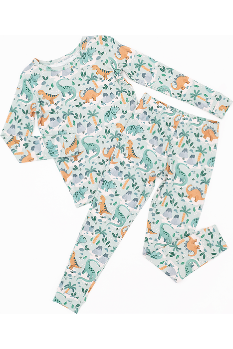 Bamboo Pajama Set Rex Dinosaur Print Flat Lay - Bird and Bean