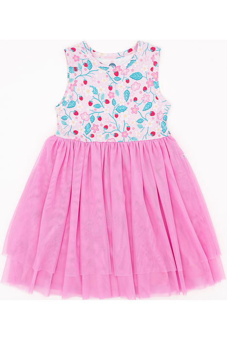 Strawberry Print Girls Tulle Pink Dress on White Background - Bird and Bean