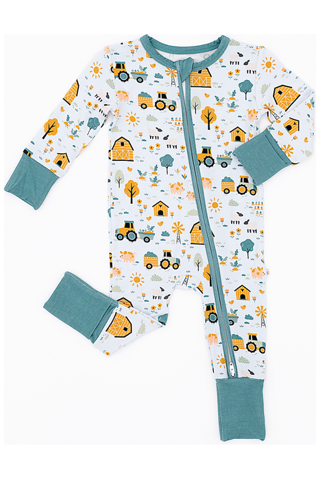Sawyer Bamboo Fabric Baby Zip Romper Farm Animals Print by Bird and Bean