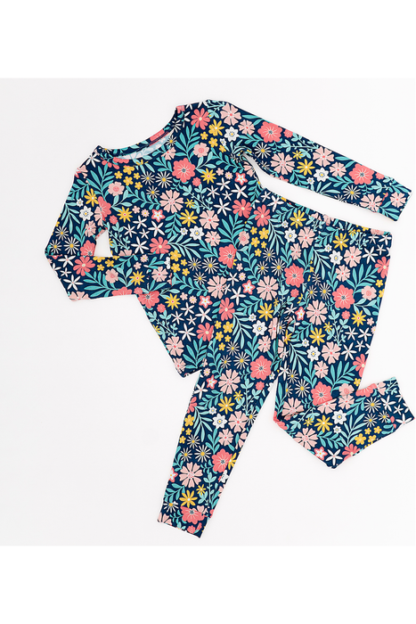 Maren Floral pajama set with long-sleeve top and pants on a white background by Bird and Bean
