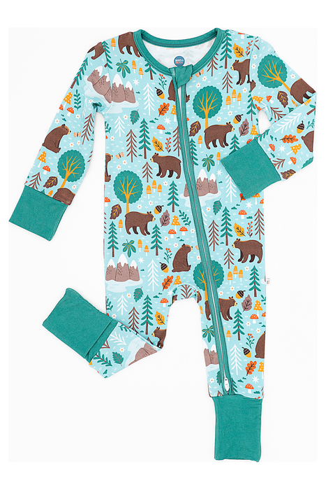 Bamboo One Piece Zip Pajama - Woody Woodland Bear