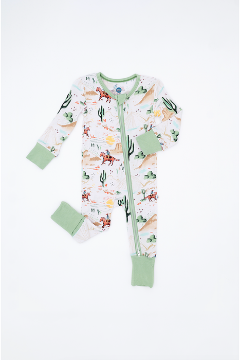 billy western one piece zip romper sleeper on white background