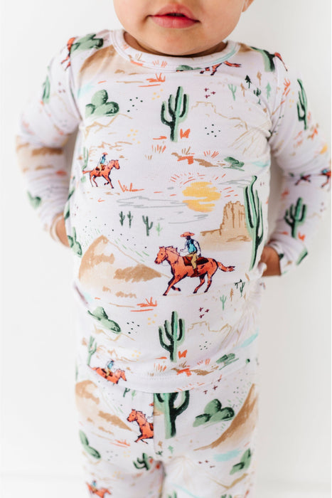 close up of Billy Western Print Kids Pajama Set on child model