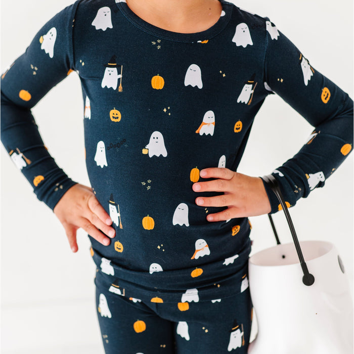 bird and bean friendly ghost halloween pajamas on kid 