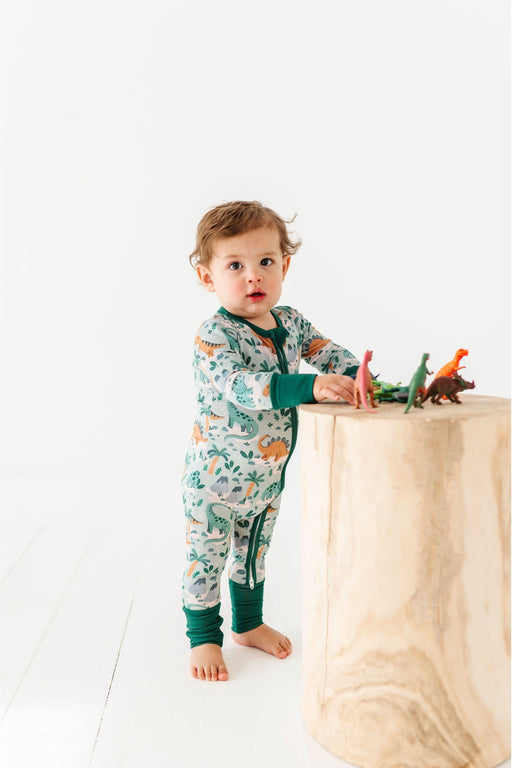 Bamboo One Piece Zip Front Baby Pajamas  - Rex Dinosaur Green Print by Bird and Bean