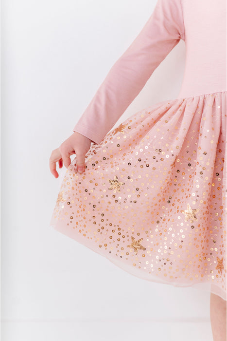 Pink dress with sequin skirt on a white background | Bird and Bean Holiday Shop 