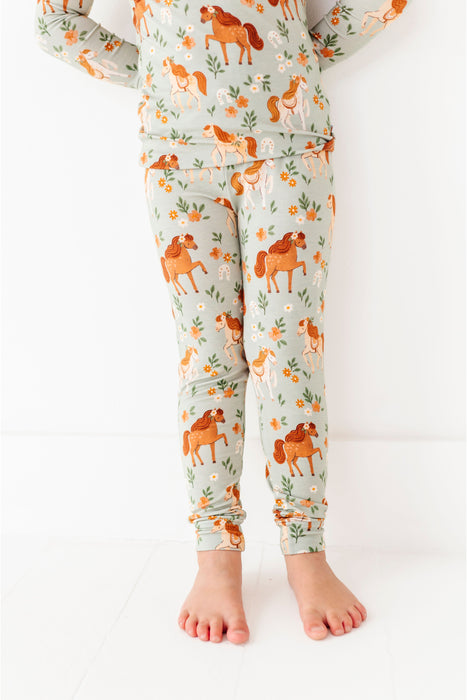 Bamboo Pajama Set Pants Close-up  - Horsin' Around Print - Bird and Bean 