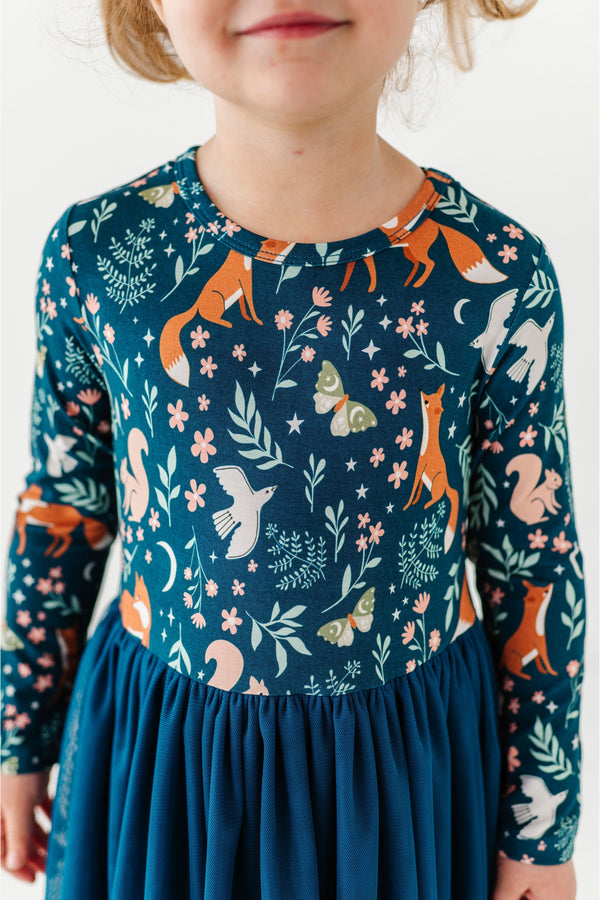 Alice Bamboo Tulle Dress - Whimsical Woodland Design Close-up Print | Bird & Bean