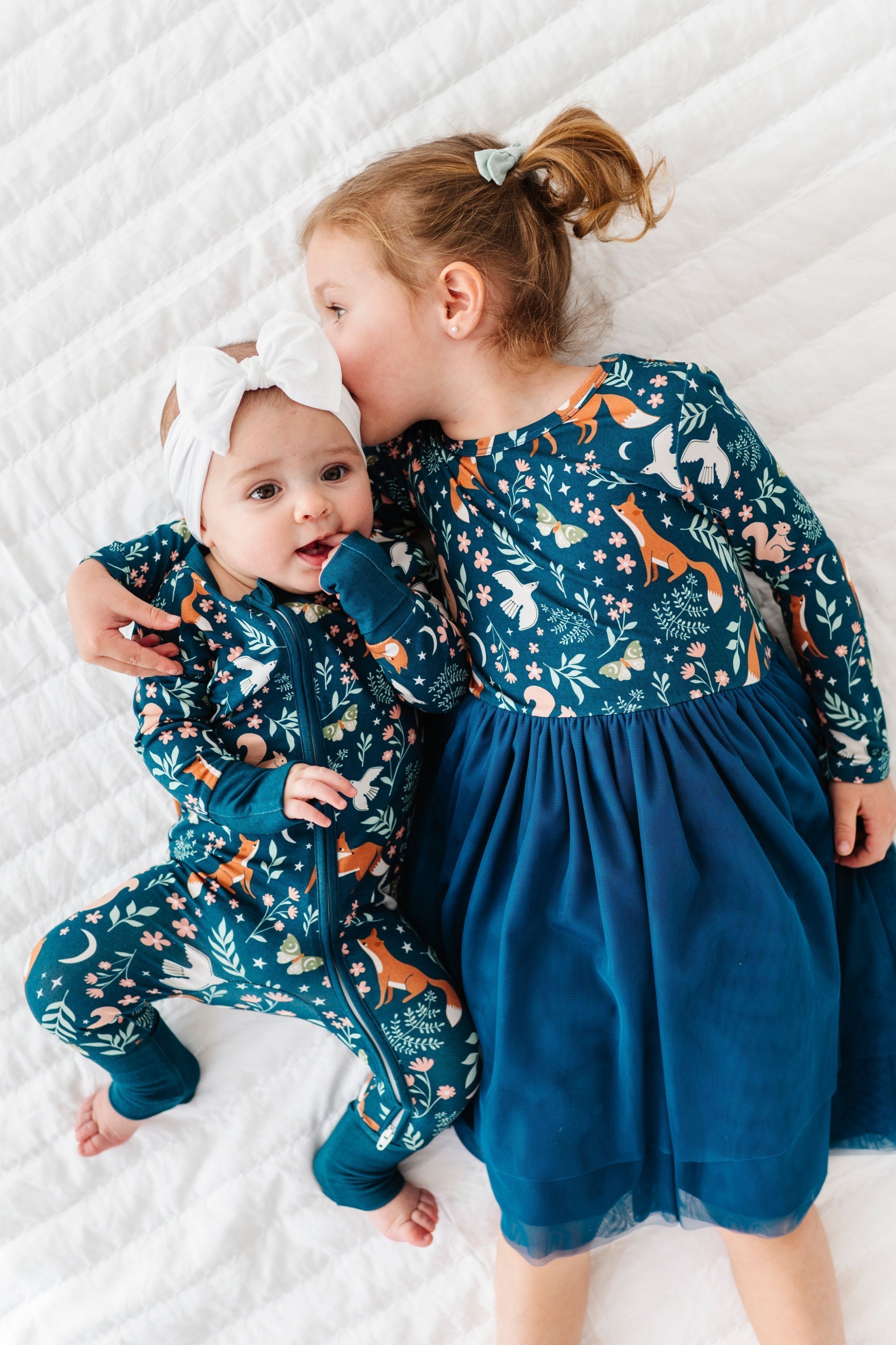 Alice Whimsical Fox & Floral Bamboo Tulle Dress - Teal Blue Matching baby Pajamas | Bird & Bean