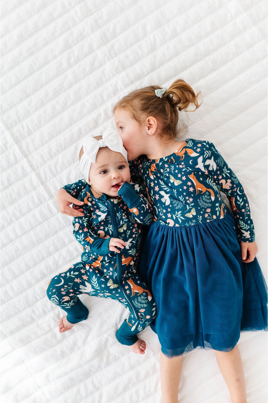 Alice Whimsical Fox & Floral Bamboo Tulle Dress - Teal Blue Matching baby Pajamas | Bird & Bean