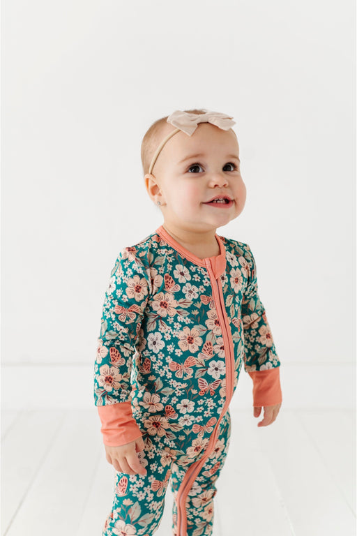 Bamboo One Piece Zip Pajama - Juniper with Pink Accent on Baby - Bird and Bean Official