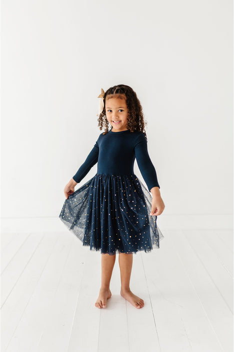 Esme Starry Night Tulle Dress - Blue Bamboo & Gold Stars | Bird & Bean 8 Esme Starry Night Tulle Dress - Blue Bamboo & Gold Stars | Bird & Bean 8