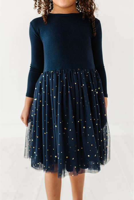 Esme Starry Night Tulle Dress - Blue Bamboo & Gold Stars | Bird & Bean 8 Esme Starry Night Tulle Dress - Blue Bamboo & Gold Stars | Bird & Bean 8