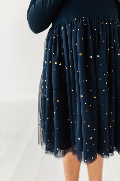 Esme Starry Night Tulle Dress - Blue Bamboo & Gold Stars | Bird & Bean Esme Starry Night Tulle Dress - Blue Bamboo & Gold Stars | Bird & Bean