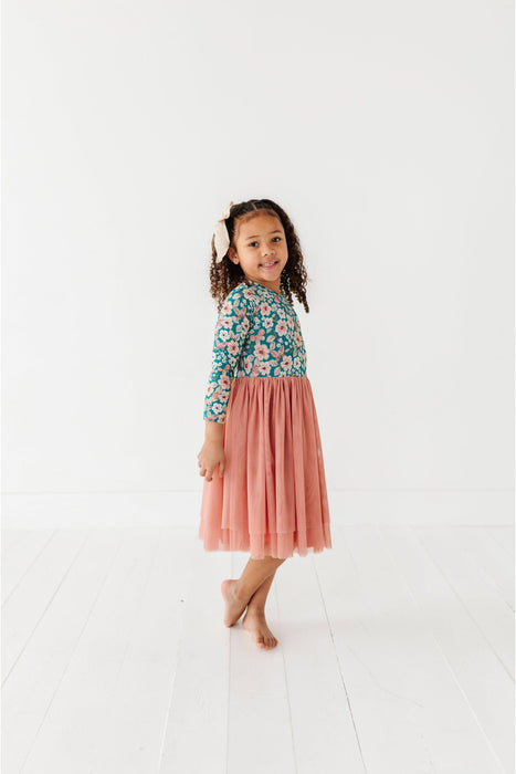 Bamboo Tulle Dress on little girl model  - Juniper print with pink skirt _ Bird and Bean