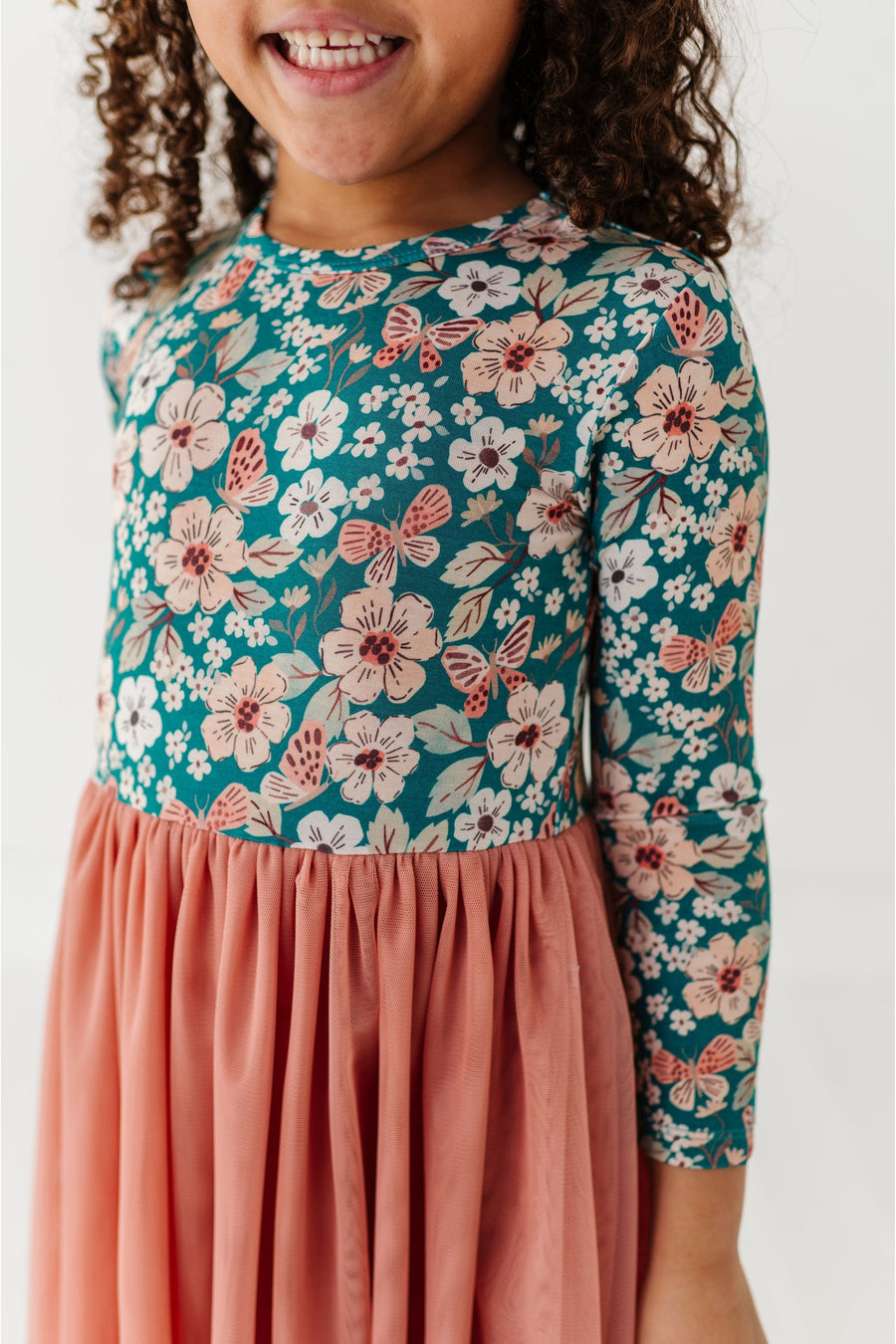 Girls Long Sleeve Bamboo Tulle  Pink Floral Dress - Juniper Pattern _ Bird and Bean 