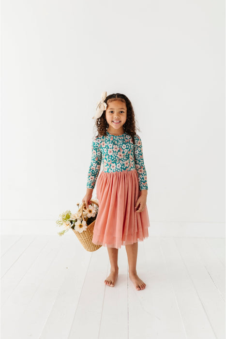 Bird and Bean Long Sleeve Juniper Dress with Pink Tulle Skirt on Toddler
