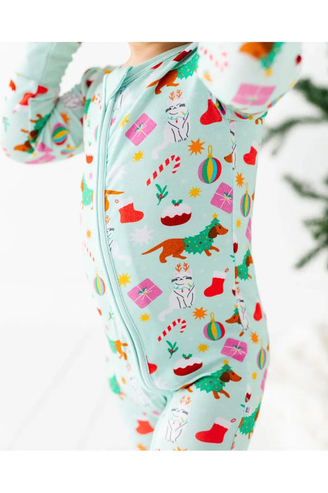 Bamboo One Piece Zip Pajama - Festive Friends Holiday