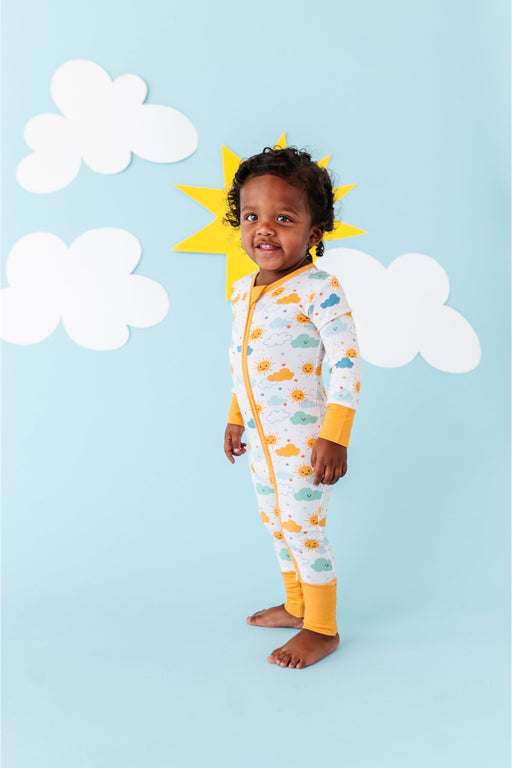 Baby Model Standing wearing Sunny Sunshine Convertible Bamboo Zip Romper Sleeper Onesie with Marigold Cuffs