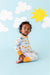Baby model knelt down wearing Sunny Sunshine Convertible Bamboo Zip Romper Sleeper Onesie with Marigold Cuffs