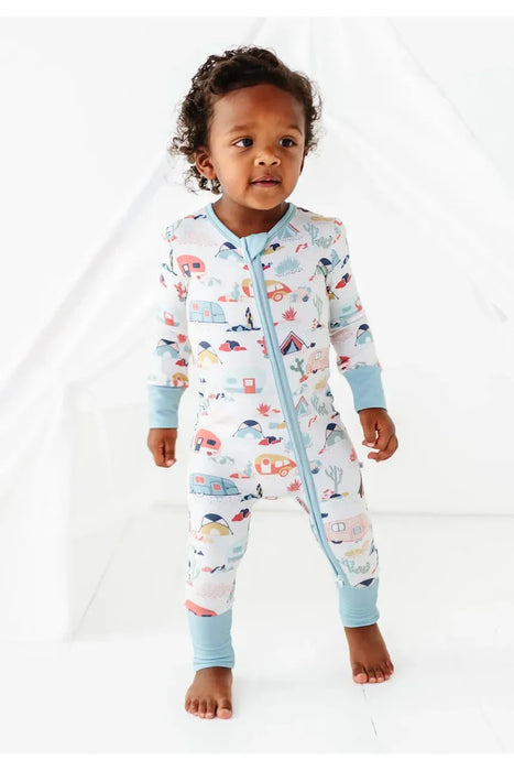 Baby model wearing Bamboo Desert Adventure Happy Camper Tents and Cactus One Piece Zip Romper Sleeper