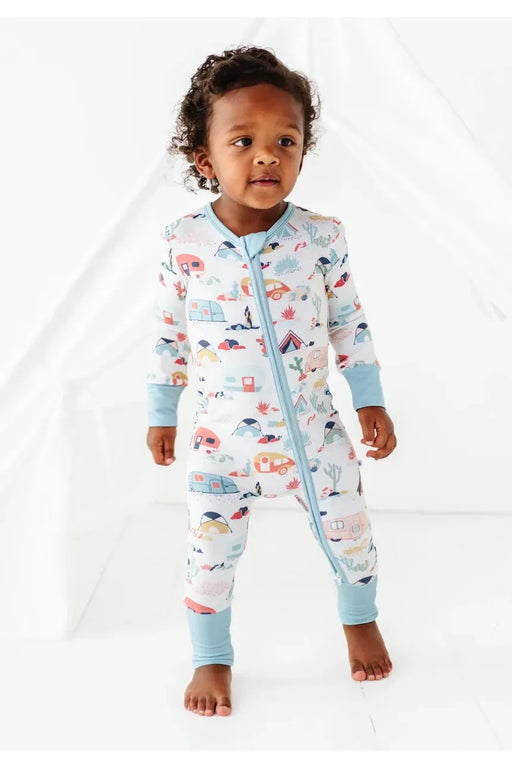 Baby model wearing Bamboo Desert Adventure Happy Camper Tents and Cactus One Piece Zip Romper Sleeper